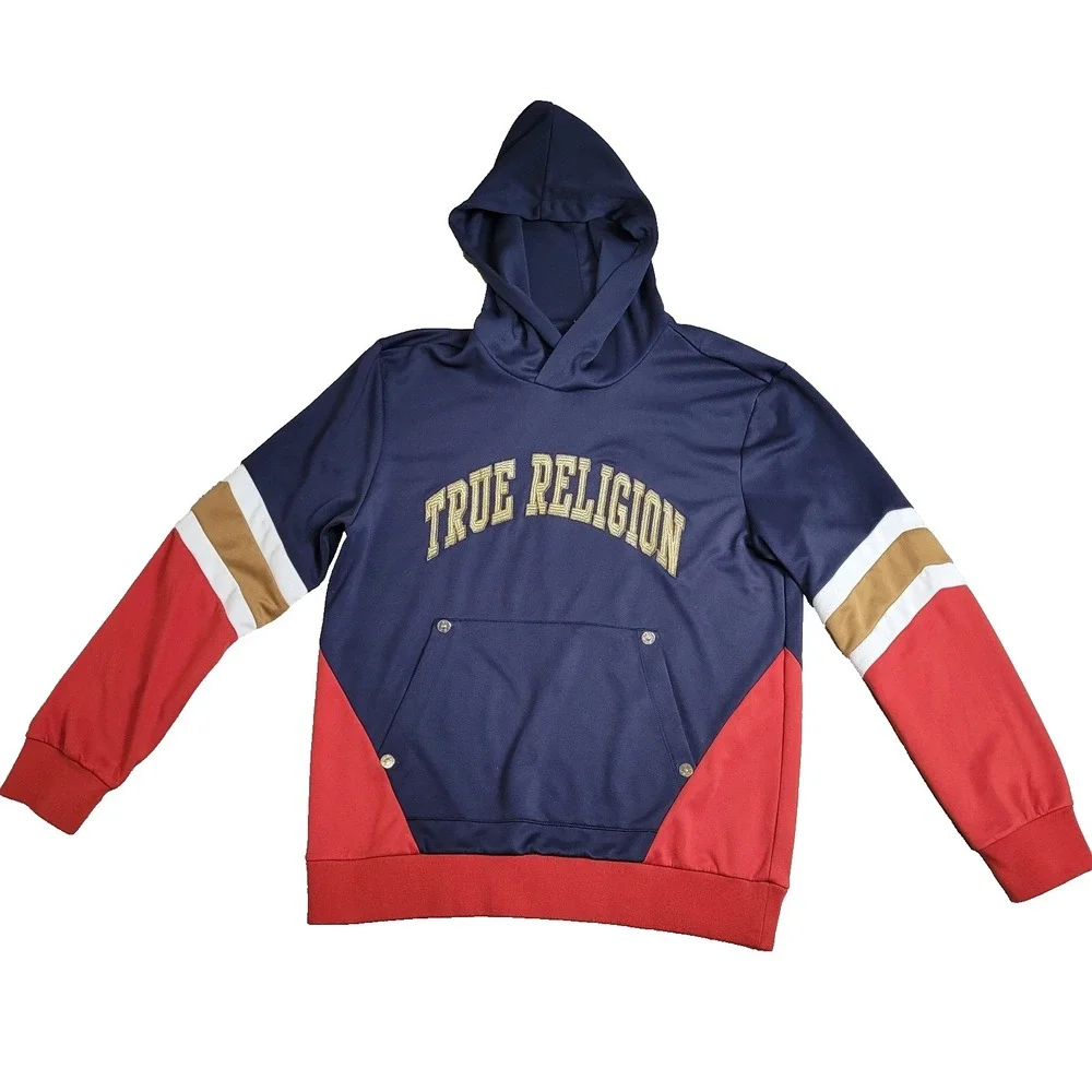 🧡Vintage True Religion Hoodie Unisex L Color Block Embroidered Sweatshirt Y2K